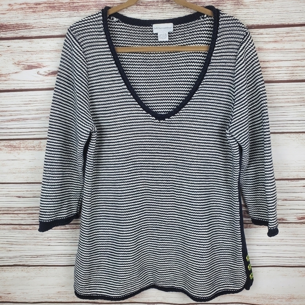 Soft Surroundings Womens Large Navy Blue/White Stripe Chunky V-Neck Sweater   B3